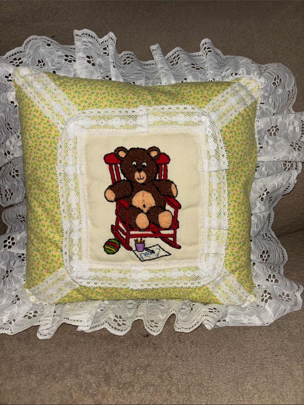 Handmade Teddy Bear Embroidered Decorative Pillow - Yellow Floral